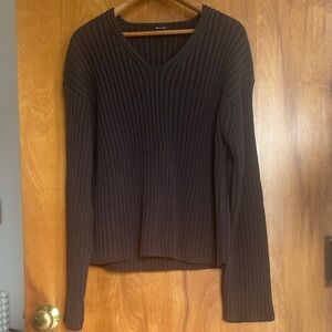 Massimo Dutti Ribbed V-Neck Sweater in Dark Brown